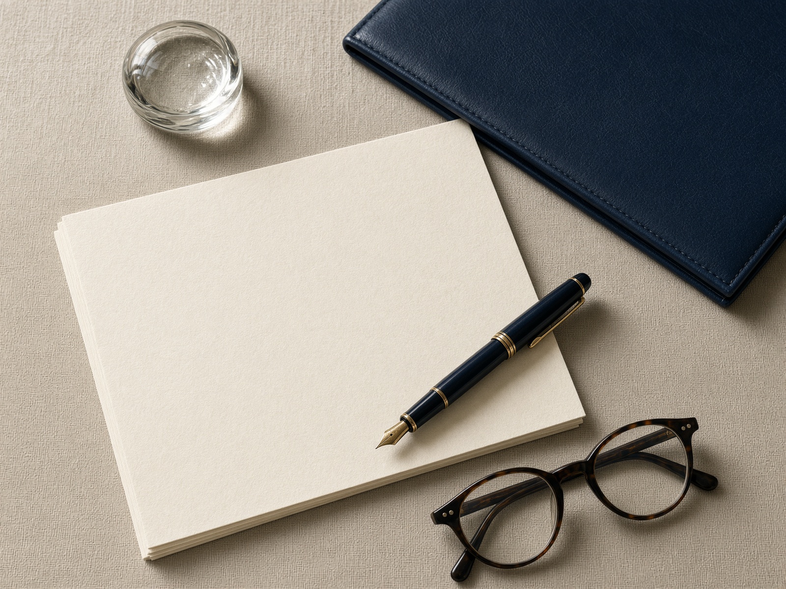 A closed claim file, fountain pen, and reading glasses on a linen blotter.